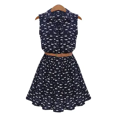 Dark Blue Short Sleeve Slim Fit Chiffon Dress with Belt
