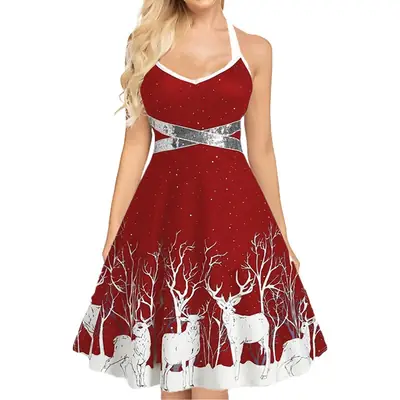 Green Reindeer Print Flared Dress with Tie-Up Strap