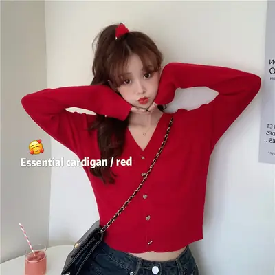 Women Knitted V-Neck Cardigan Sweater Red Winter