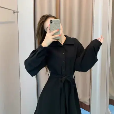 Black Long Shirt Dress for Women with Belt Tie