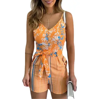 European American Leaf Print Striped Jumpsuit with V Neck