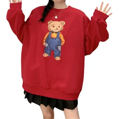 Women Red Bear Print Sweatshirt Set Long Sleeve