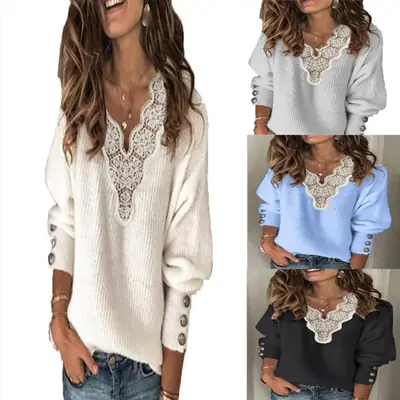 Women's 2022 Lace V-Neck Sweater Grey