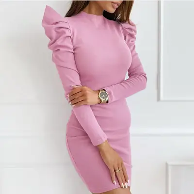 Women Pink Puff Sleeve Slim Fit Dress 2025