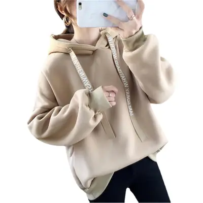 Women Black Letter Print Hoodie Sweatshirt Long Sleeve Winter Wear