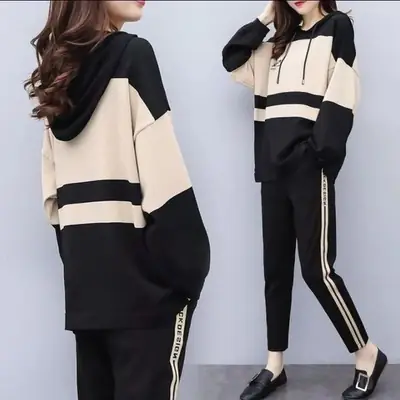 Girls 2-Piece Black Beige Track Suit Large