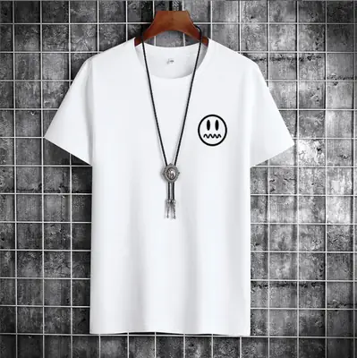 Men Light Blue T-Shirt with Smiley Print Cotton Loose Fit
