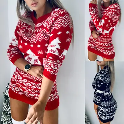 Women Red Knitted Christmas Sweater Dress Long Sleeve