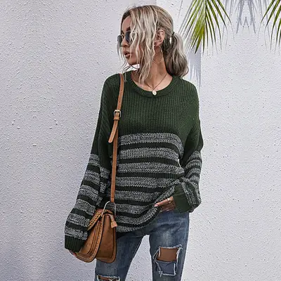 Bai Fen Zhi Yi Green Striped Knit Sweater Long Sleeve