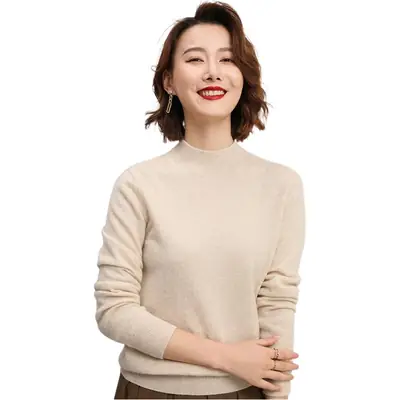 Women's Pink Half Turtleneck Sweater Short Pullover
