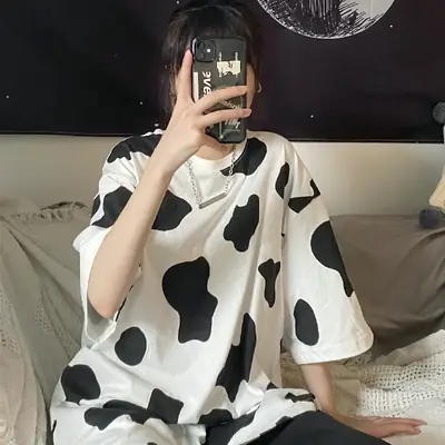 Cow Print Loose T-Shirt Unisex Bf Style 2026