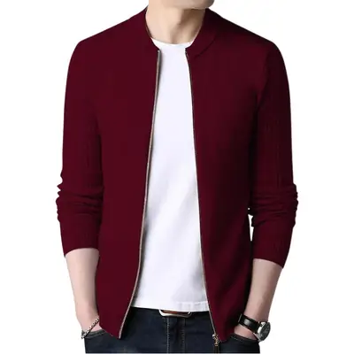 Men Grey Knit Sleeve Twist Cardigan with Stand Collar