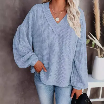 Women's V-Neck Knit Lantern Sleeve Top
