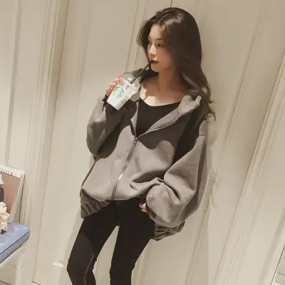 Women Fleece Hoodie Grey Loose Fit Mid Length Harajuku Style