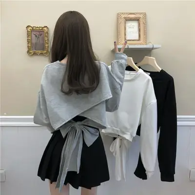 Women Loose Sleeve Sweatshirt Set White Black
