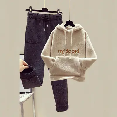 Women Brown Fleece Hoodie Set with Pocket
