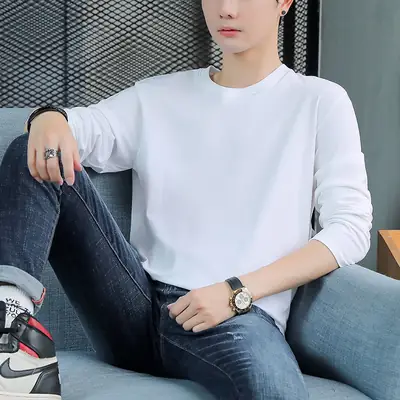 Men Cotton Long Sleeve T-Shirt Blue Loose Fit