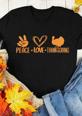 Peace Love Thankgiving T-Shirt Green Short Sleeve