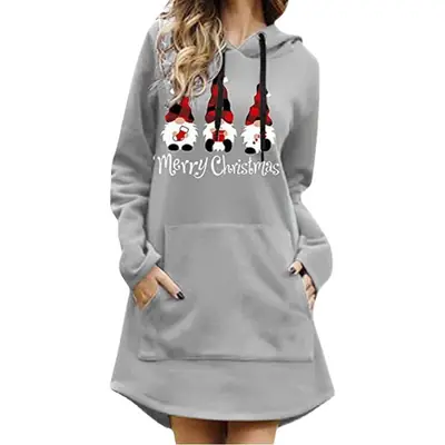 Women Grey Hoodie Dress Large Loose Fit Pocket Long Sleeve