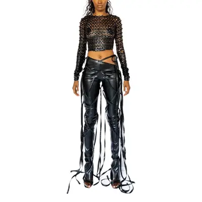Women's Red Glitter High-Top Pants with Oblique Waist