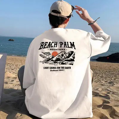 Men Blue Beach Palm Graphic T-Shirt 220g Cotton Loose Fit