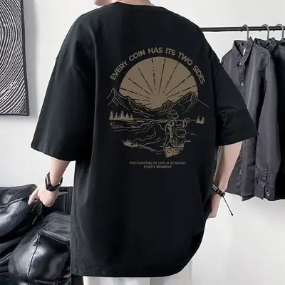 Men Cotton Graphic T-Shirt White Loose Fit Summer