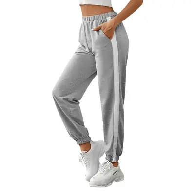Women Grey High Waist Striped Sports Pants Winter Autumn