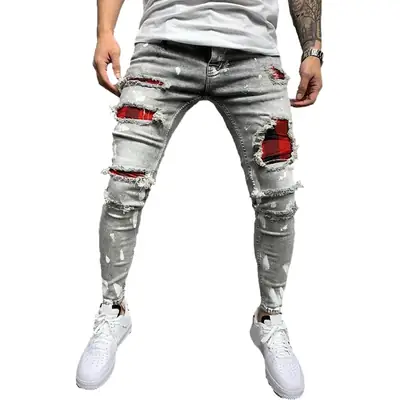 Men Ripped Three-Color Stretch Jeans with Red Patch