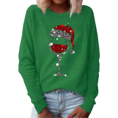 Women's Green Christmas Hat Sweatshirt with Wine Glass Print