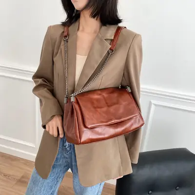 Women's Brown PU Leather Chain Shoulder Bag 2020