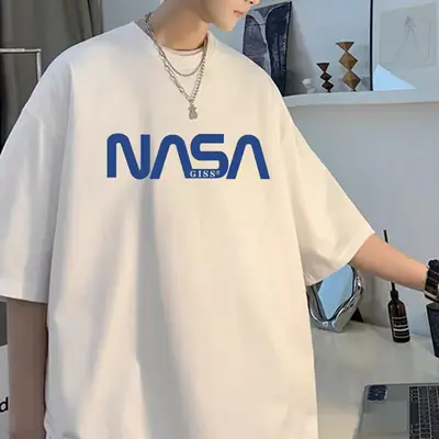 Men's NASA Printed Cotton T-Shirt Grey Off-Shoulder Short Sleeve