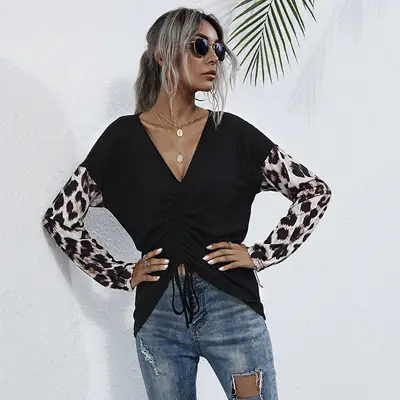 Black Leopard Print Long Sleeve Knit Sweater for Women