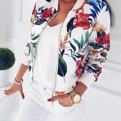 Women's Floral Print Autumn Jacket White Short Sleeve