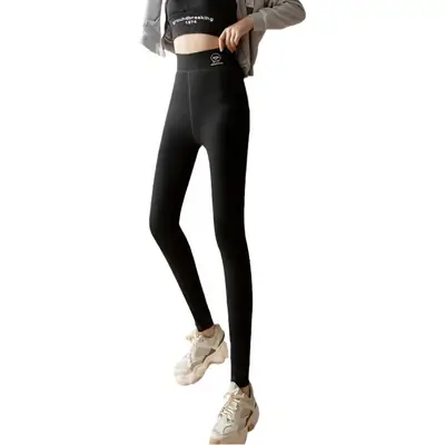 Women Winter Warm Fleece Leggings Black Pink Zipper