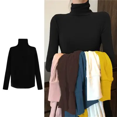 Women Long Sleeve Turtleneck Shirt Solid Color Slim Fit 2025