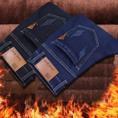 Men Fleece Lined Slim Jeans Blue Slim Fit Winter Warm
