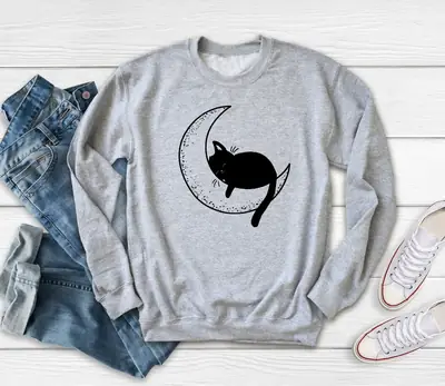 Cat Mom Moon Printed Crewneck Sweatshirt Maroon