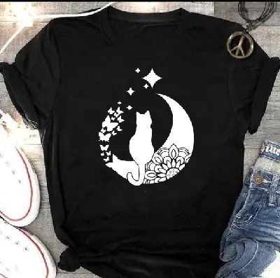Yellow Cat Moon T-Shirt with Star Design