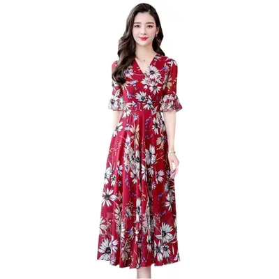 Women Floral Over-the-Knee Long Dress Blue V-Neck