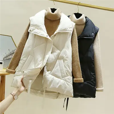 Black Hooded Down Cotton Vest for Women 2025 Winter