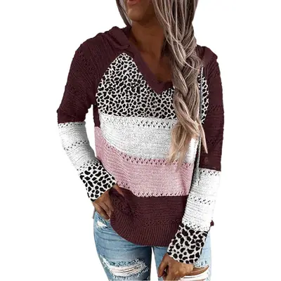 Leopard Print Hooded Sweater Grey Pink Beige