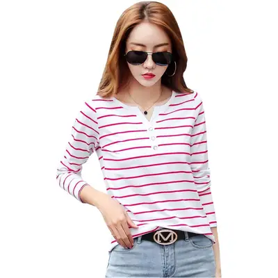 Women Striped Cotton V Neck T-Shirt Spring Autumn