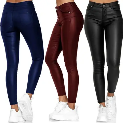 Women Slim Fit Leather Jeans Black Casual Pants Small
