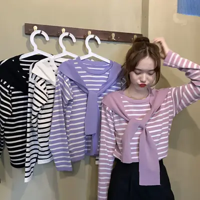 Women Korean-style Striped Shawl Top with Long Sleeve