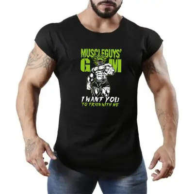 Men's Black Muscle Guy Bat Sleeve Vest Super Arthur Graphic