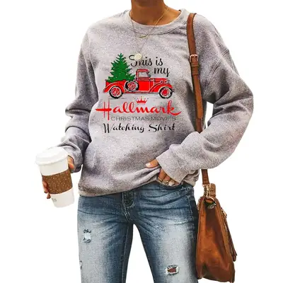 Women's Hallmark Christmas Car Tree Sweater Round Neck Long Sleeve
