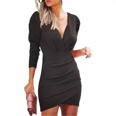 Women's V-neck Long Sleeve Dress Maroon Large