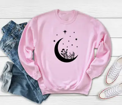Moon & Star Print Grey Sweatshirt for Women
