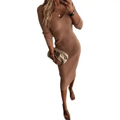 2020 V-Neck Long Sleeve Women's Solid Color Pit Dress