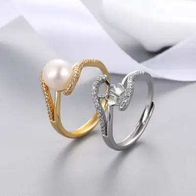 Gold Pearl Ring with Zircon Details for Women